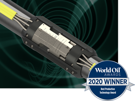 Photo of an UpCable power cable with the 2020 World Oil Finalist Award.