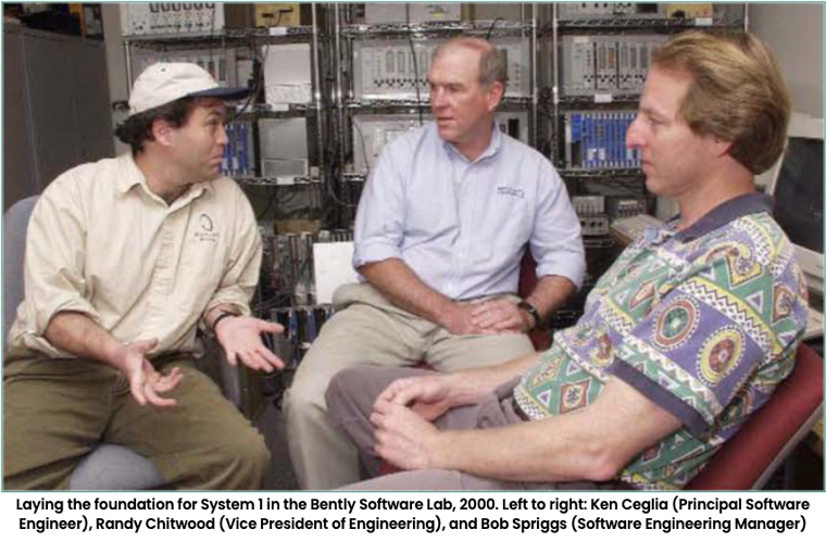 Laying the foundation for System 1 in the Bently Software Lab, 2000. Left to right: Ken Ceglia (Principal Software Engineer), Randy Chitwood (Vice President of Engineering), and Bob Spriggs (Software Engineering Manager)
