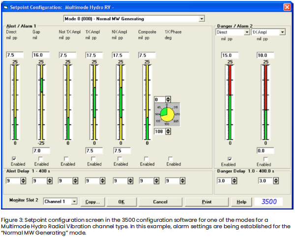 Figure 3: Setpoint configuration screen in the 3500 configuration software for one of the modes for a Multimode Hydro Radial Vibration channel type. In this example, alarm settings are being established for the “Normal MW Generating” mode.