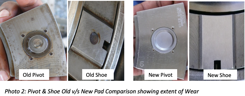 Photo 2: Pivot &amp; Shoe Old v/s New Pad Comparison showing extent of Wear