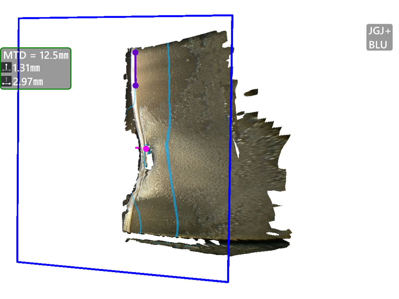 Image showing Real3D Stereo Measurement point cloud generating a model of the area of the defect.