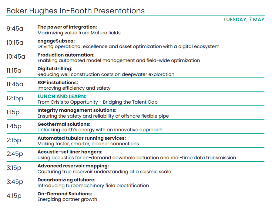Baker Hughes In-Booth Schedule Day 2
