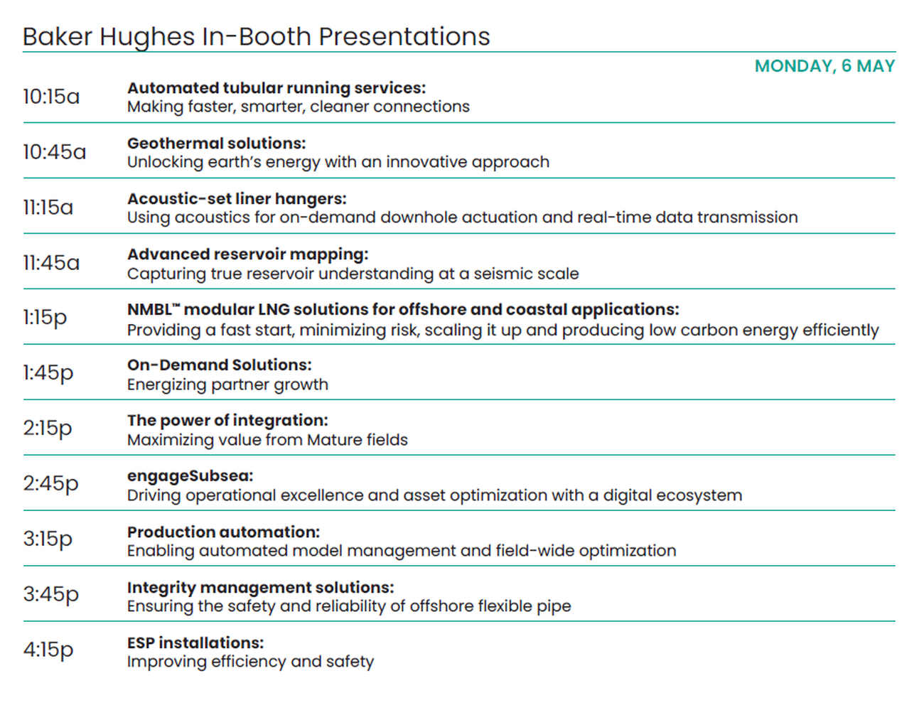 Baker Hughes In-Booth Schedule Day 1