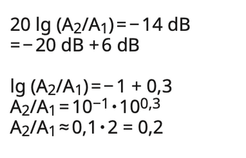 When using dB values the multiplication and division in eqn. (7) become simple addition and subtraction. Which size ratio A2/A1 corresponds to –14 dB?