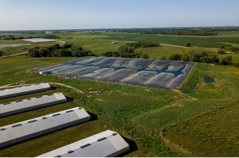 Lagoons where methane from livestock waste is captured and processed into biogas 