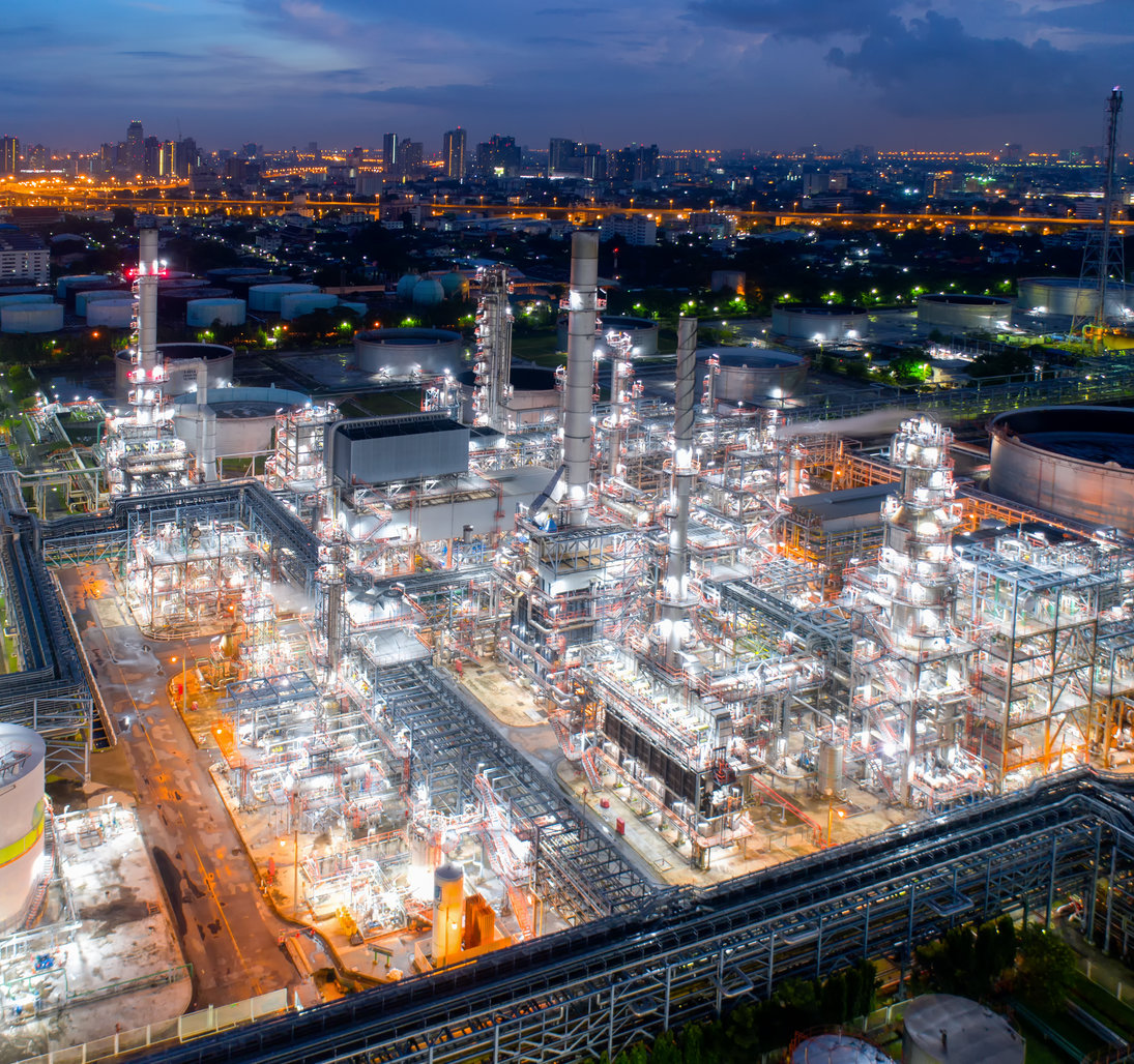 Aerial view of twilight of oil refinery ,Shot from drone of Oil refinery and Petrochemical plant at dusk , Bangkok, Thailand