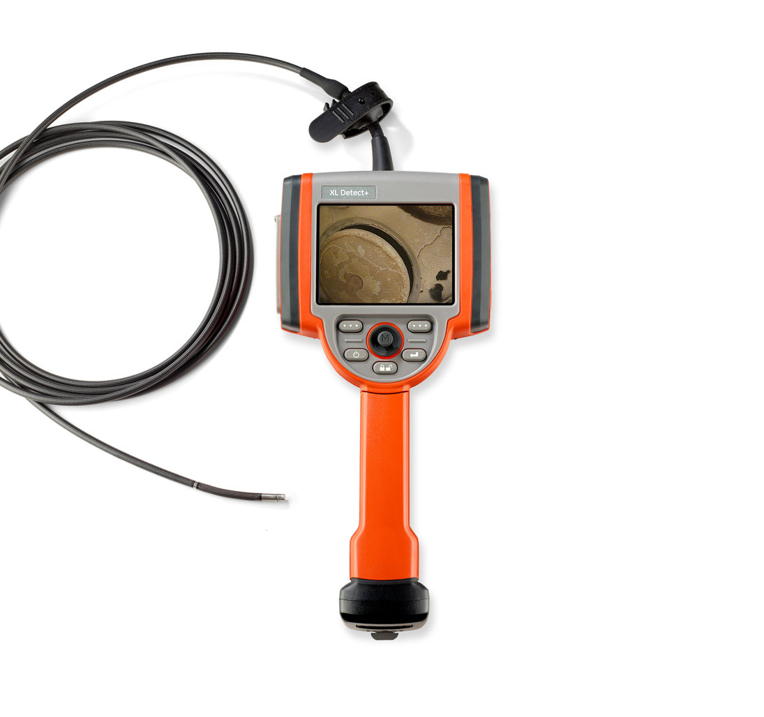 Product image of XL Detect+ video borescope with a gas turbine engine inspection screen showing precise details.