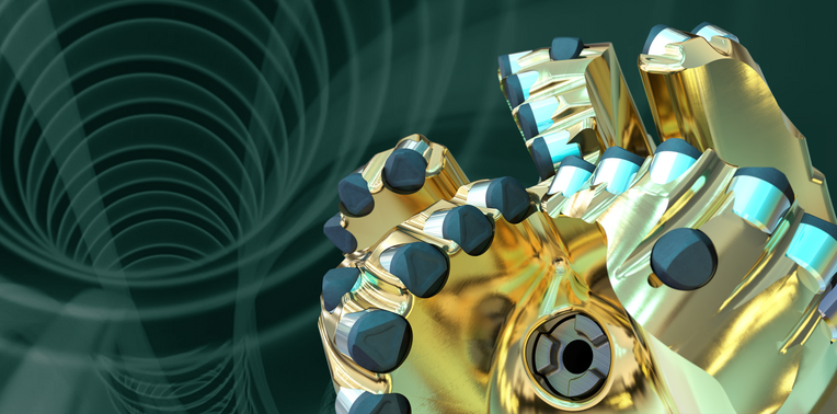 Animation still of shaped-cutter drill bit technology.