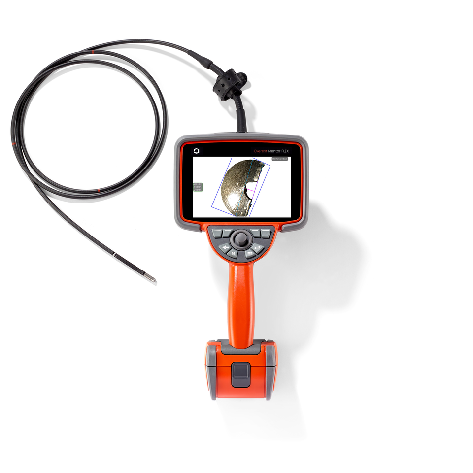 Front view of the Mentor Flex video borescope with new 3D Stereo Stitching feature on screen.