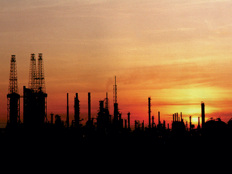 refinery at sunset