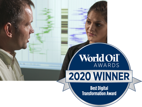 Photo of two engineers talking, with the 2020 World Oil award logo.