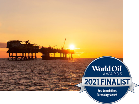 Photo of an offshore oil rig and the 2021 World Oil Finalist Award logo.