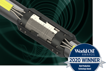 Photo of an UpCable power cable with the 2020 World Oil Finalist Award.