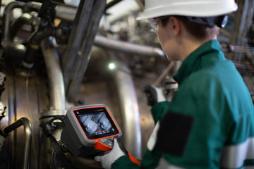 Close up of an inspector in a green uniform using Mentor Flex video borescope to inspect a gas engine turbine.