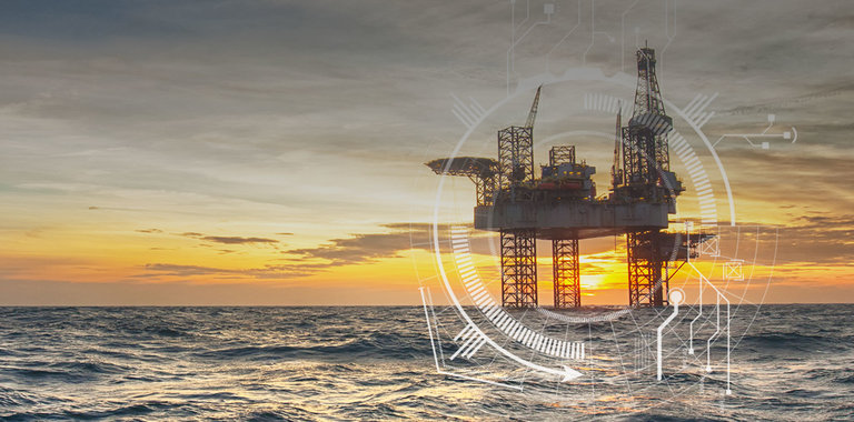 Offshore oil rig against a dramatic sunset with a graphical overlay over the image