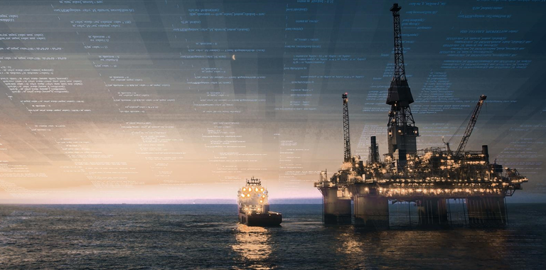 Graphic of an offshore rig with data bytes overlay.