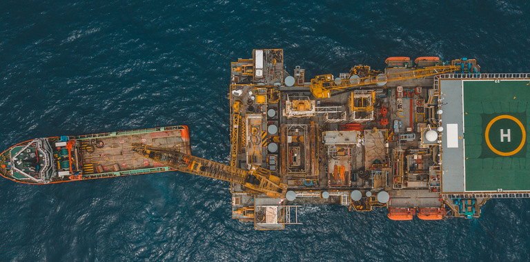 Arial photo of an offshore oil rig.