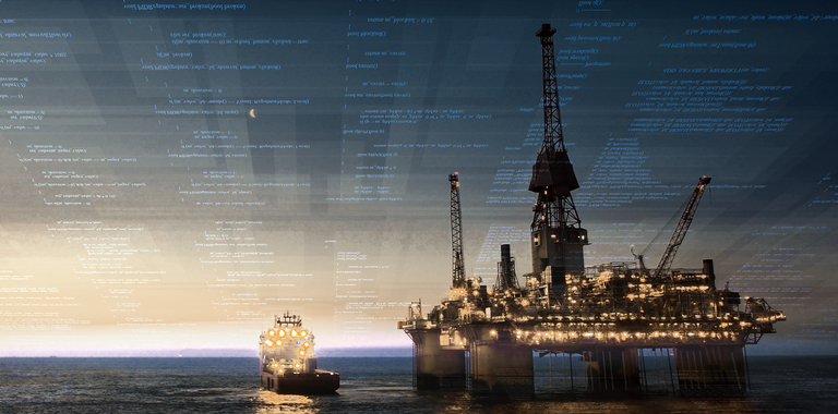 Computer rendering of an offshore rig with data in the sky.