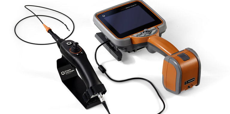 Image of the Everest Mentor Visual iQ+ borescope attached to a 2.2mm usb probe.