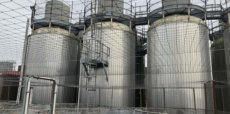 This image shows several large, cylindrical brewery tanks made of stainless steel. The tanks are surrounded by metal safety railings and ladders for maintenance access. There is a network of pipes and fencing in the foreground, and the entire area is covered by a netted structure overhead.