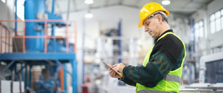 Technician checks his mobile device in an industrial setting
